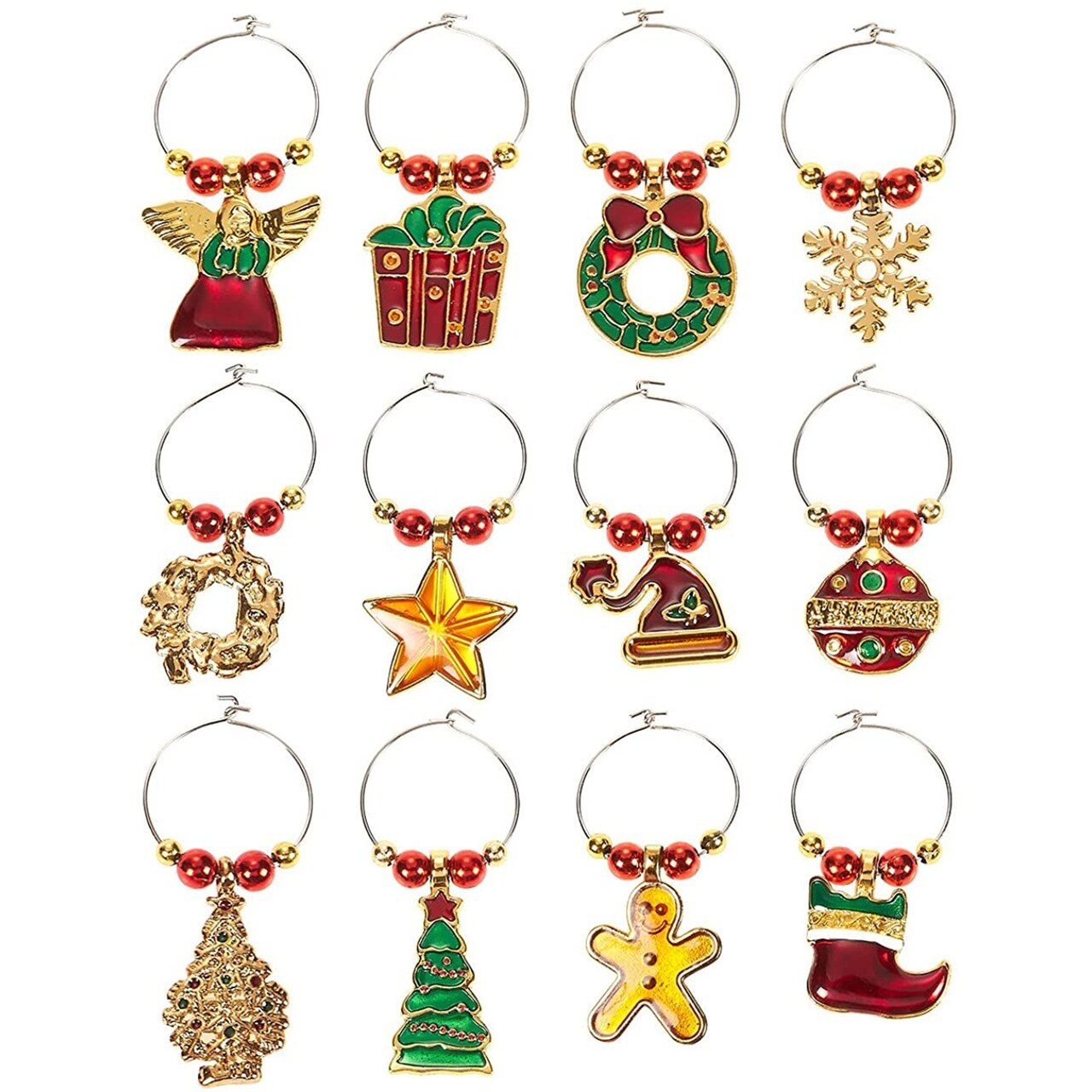12 Piece Christmas Wine Glass Charms, Holiday Drink Markers Set (2 Inches)